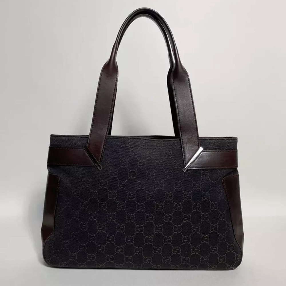 Gucci GG Canvas Leather Tote Bag Dark Brown